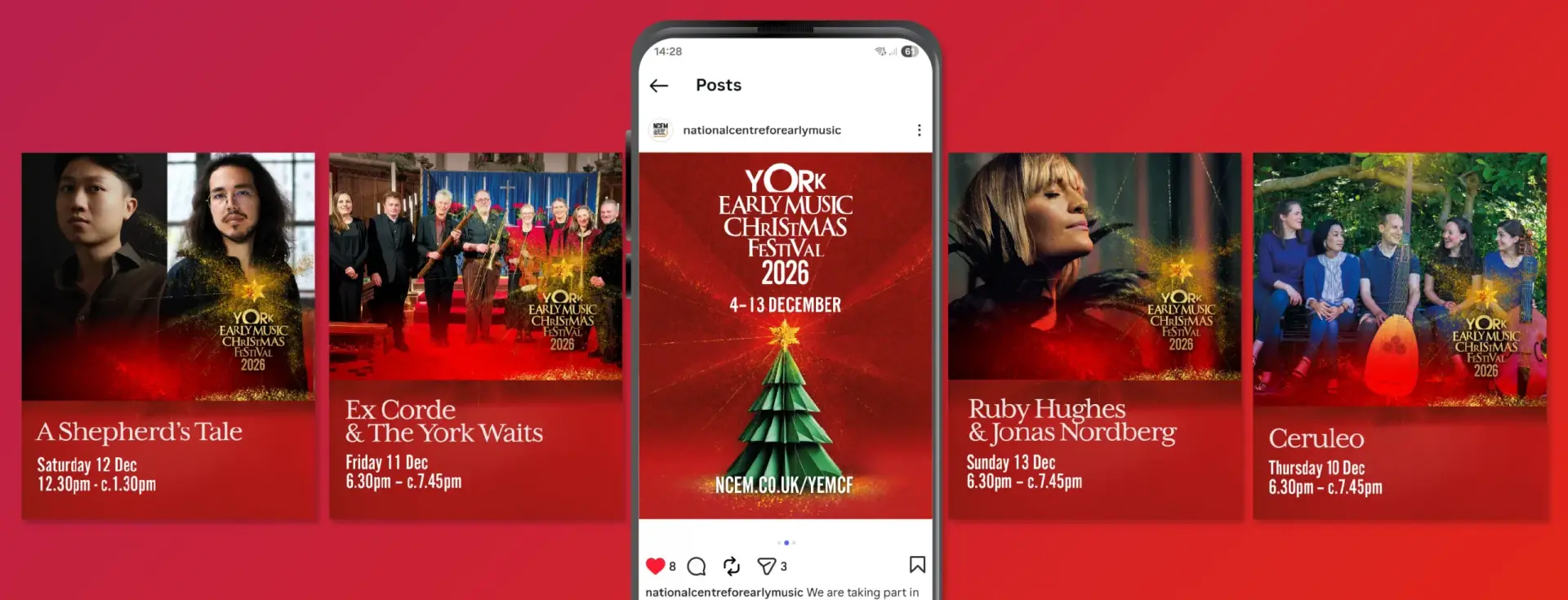 A selection of on brand social media post designs for NCEM's York Early Music Christmas Festival 2026